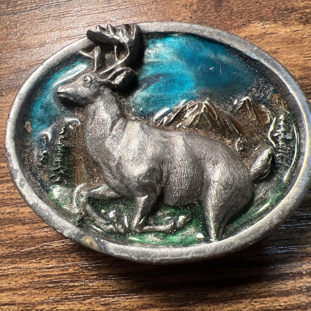 Vintage 1984 Bergamot Brass Works Deer Buck Belt Buckle Made in USA B143 Green